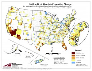 Absolute population change from 2000 to 2010 by county in the United States for metropolitan counties only