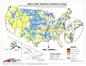 Absolute Population Change 2000 to 2010 by County, Rural Counties Only