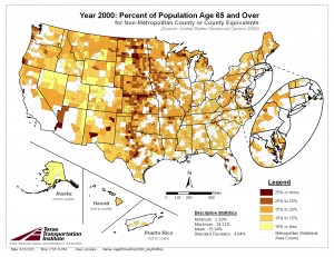 Percent of Population Age 65 and Over, 2000, Rural Only