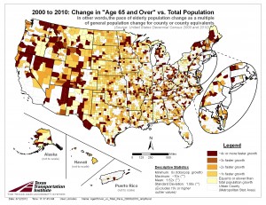 Change in Population Age 65 and over vs Total Population Change, 2000 to 2010, Rural Only