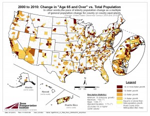 Change in Population Age 65 and over vs Total Population Change, 2000 to 2010, MSA only