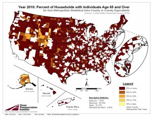 Percent of Households with 1 or More Individuals Age 65 and Over, 2010 Census, Rural Only